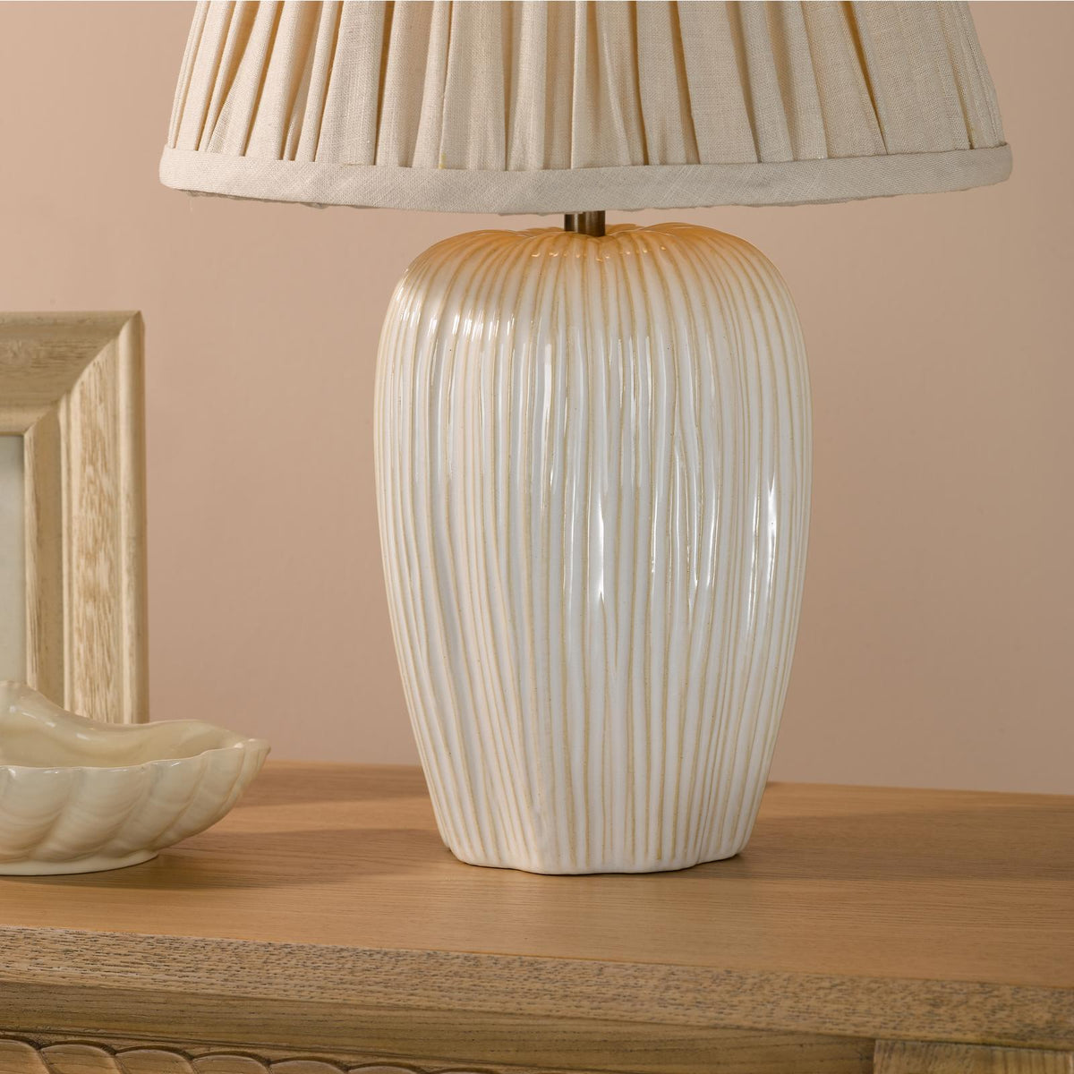 Dar Abigail Table Lamp Cream Ceramic and Antique Brass With Linen Pleated Shade