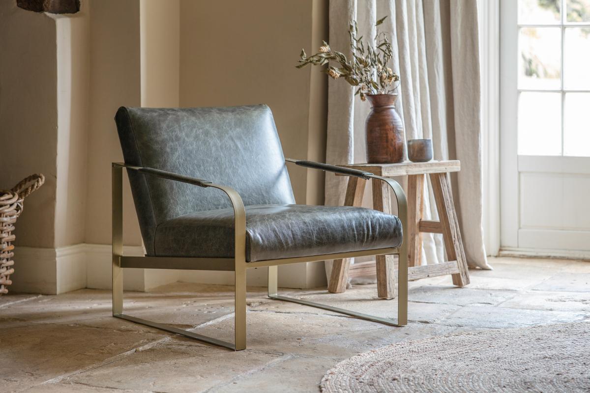 Nkuku Adra Leather & Brass Occasional Chair Moss Green