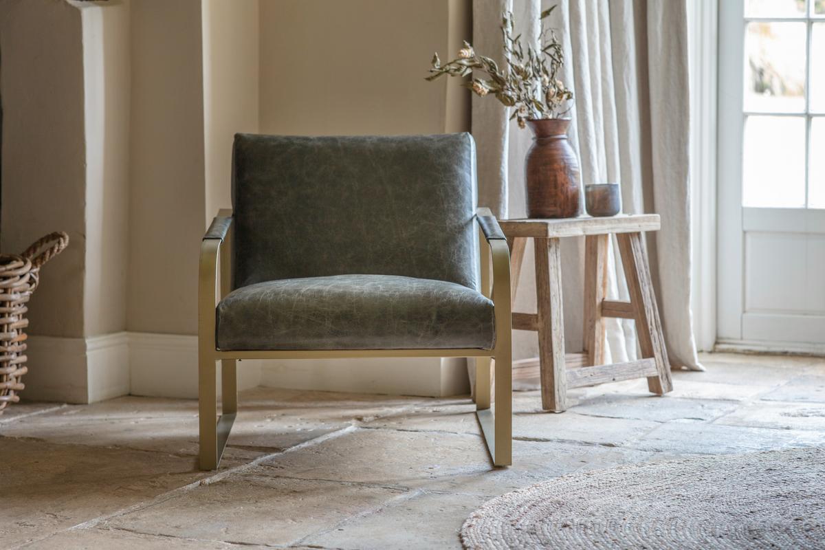 Nkuku Adra Leather & Brass Occasional Chair Moss Green