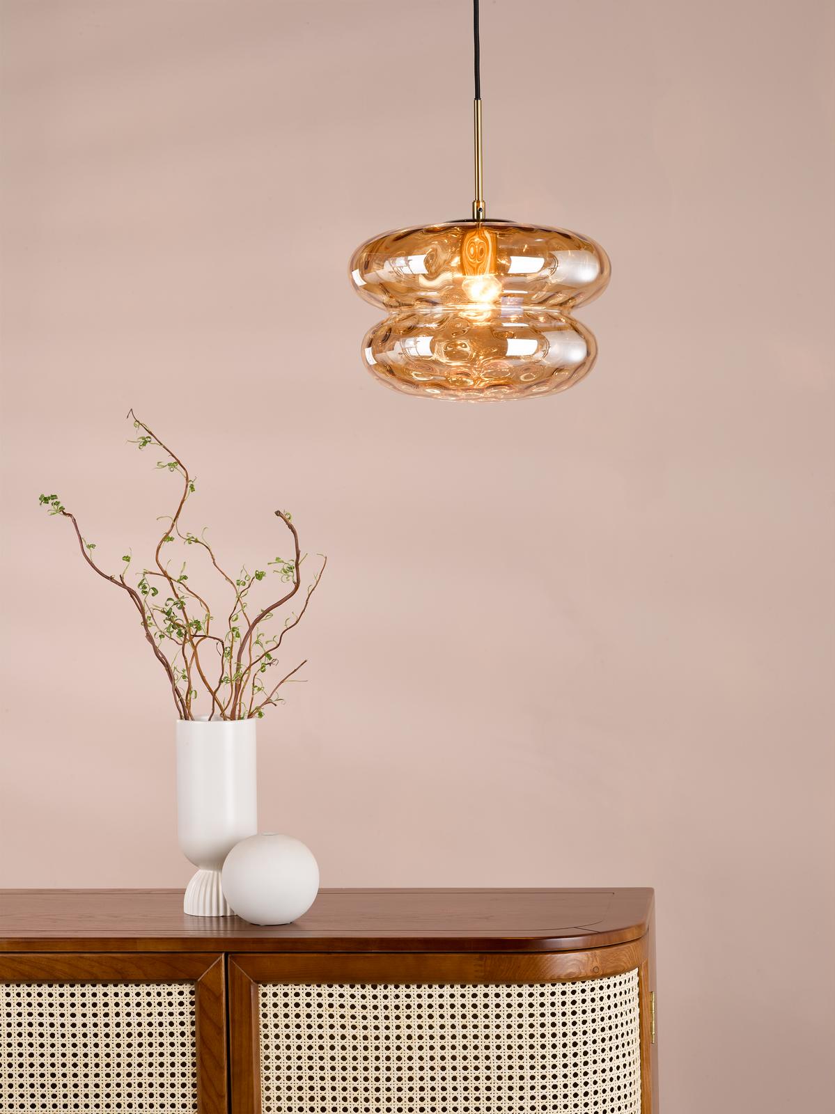 Dar Alcella Pendant Natural Brass and Amber Dimple Glass