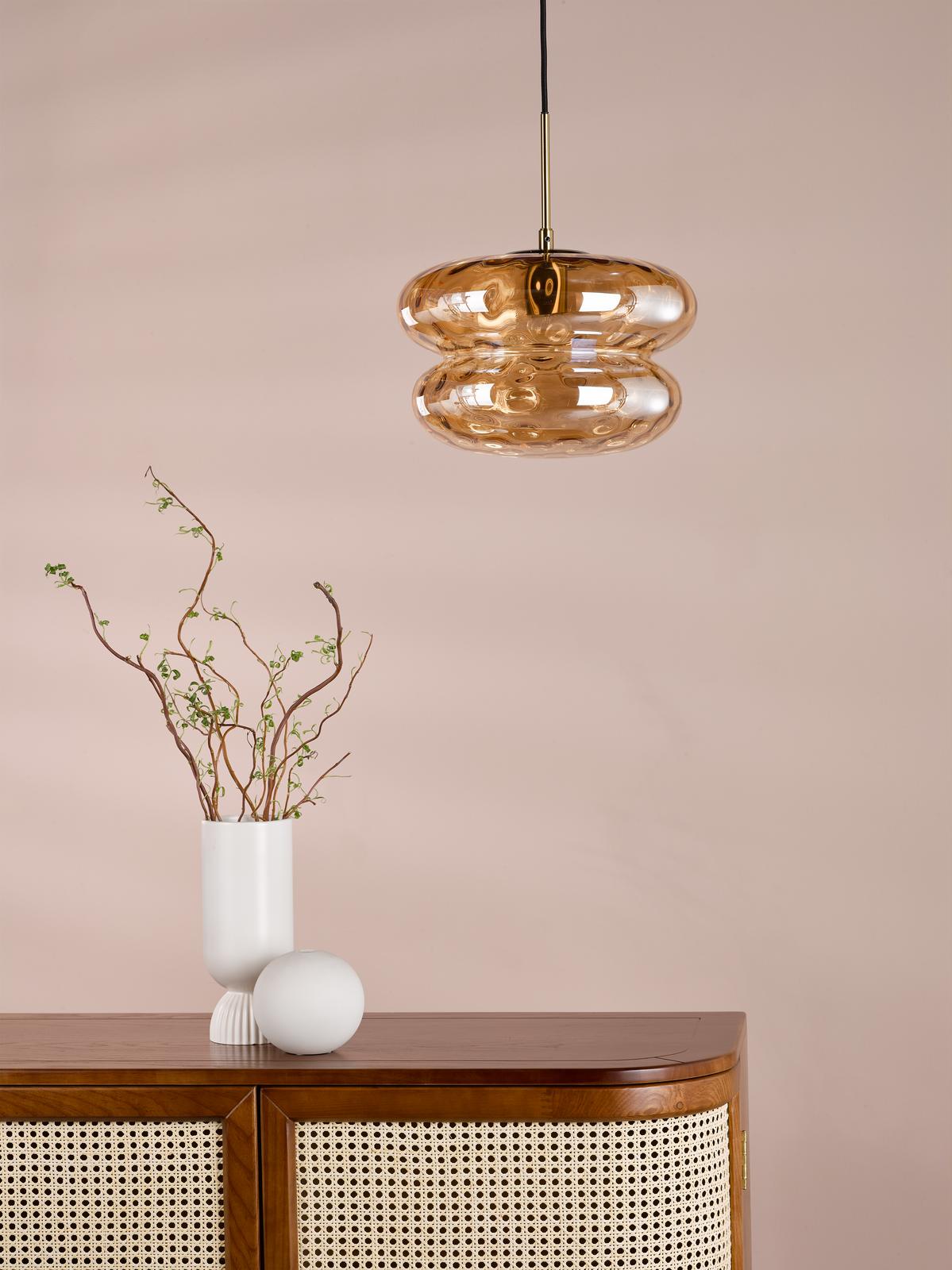 Dar Alcella Pendant Natural Brass and Amber Dimple Glass