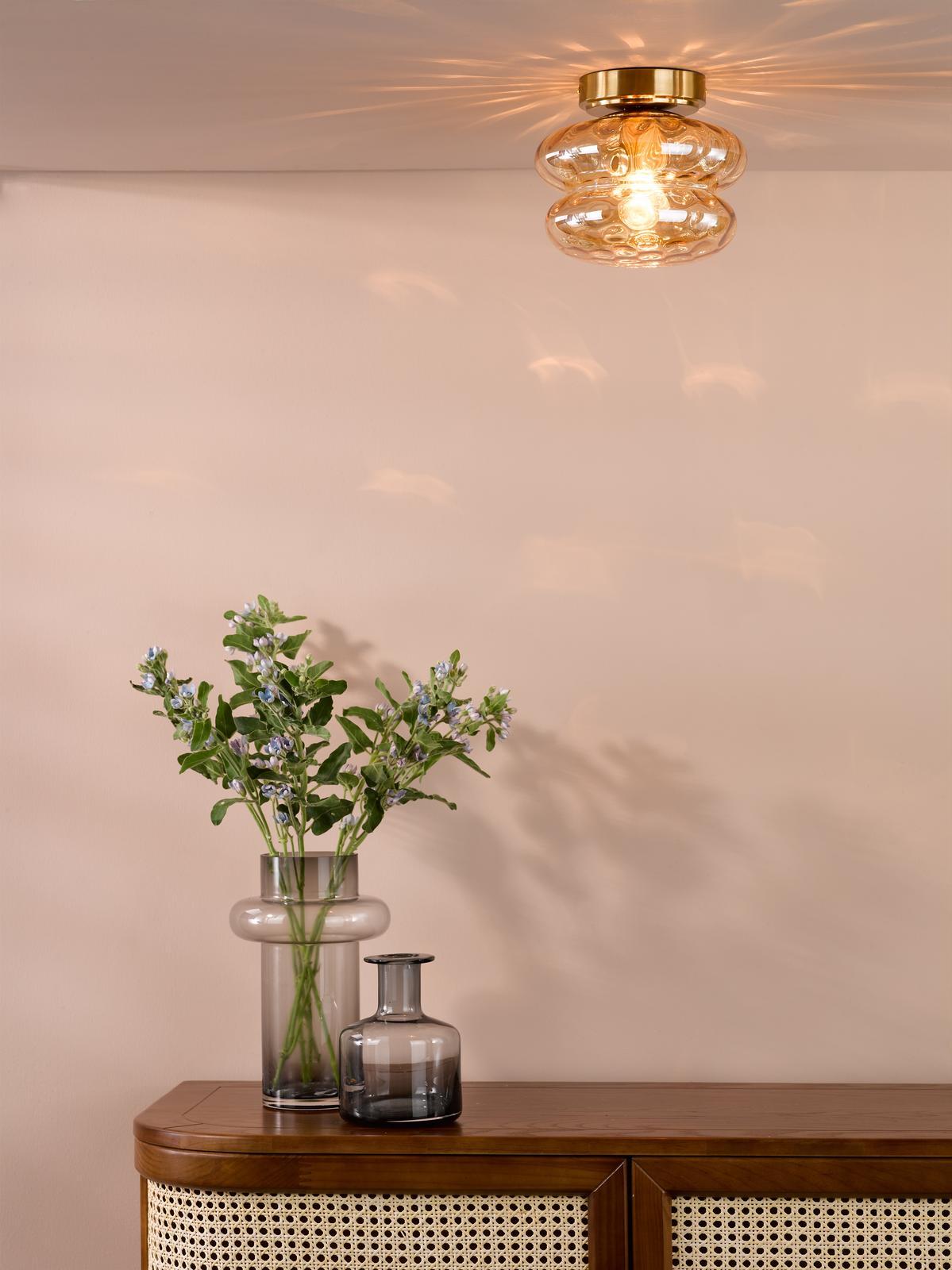 Dar Alcella Wall/Ceiling Light Natural Brass and Amber Dimple Glass