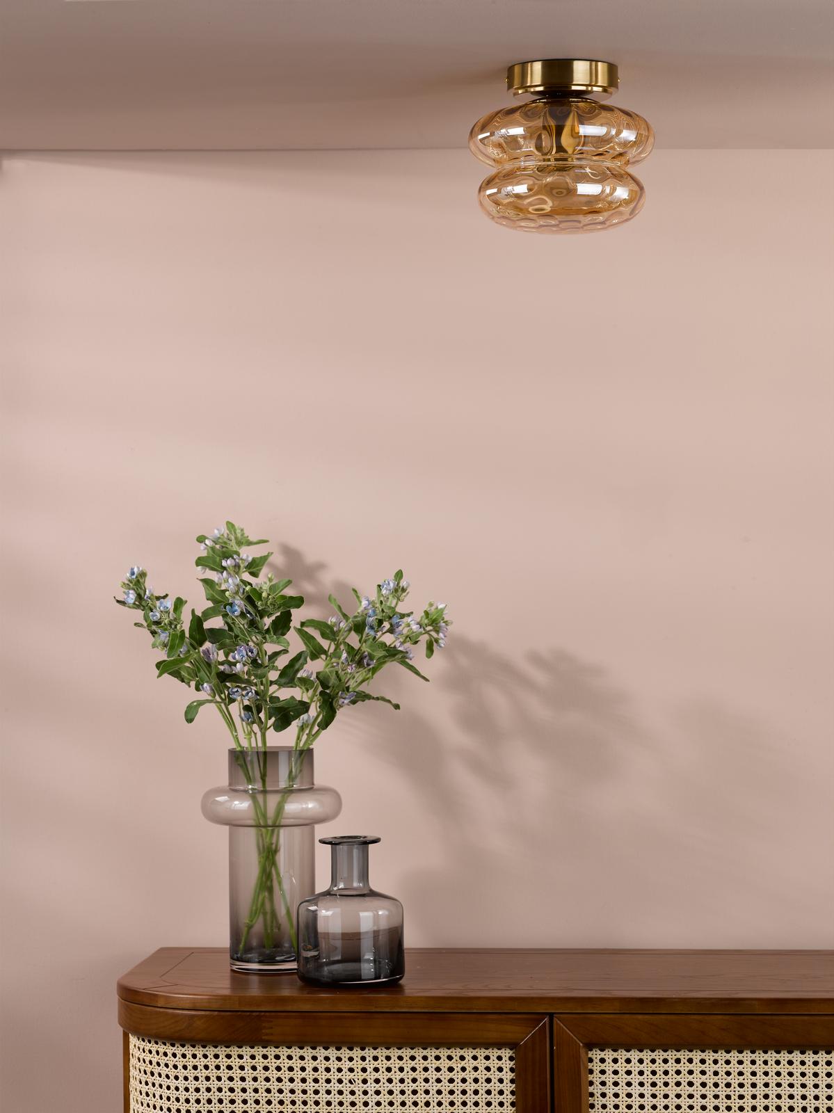 Dar Alcella Wall/Ceiling Light Natural Brass and Amber Dimple Glass