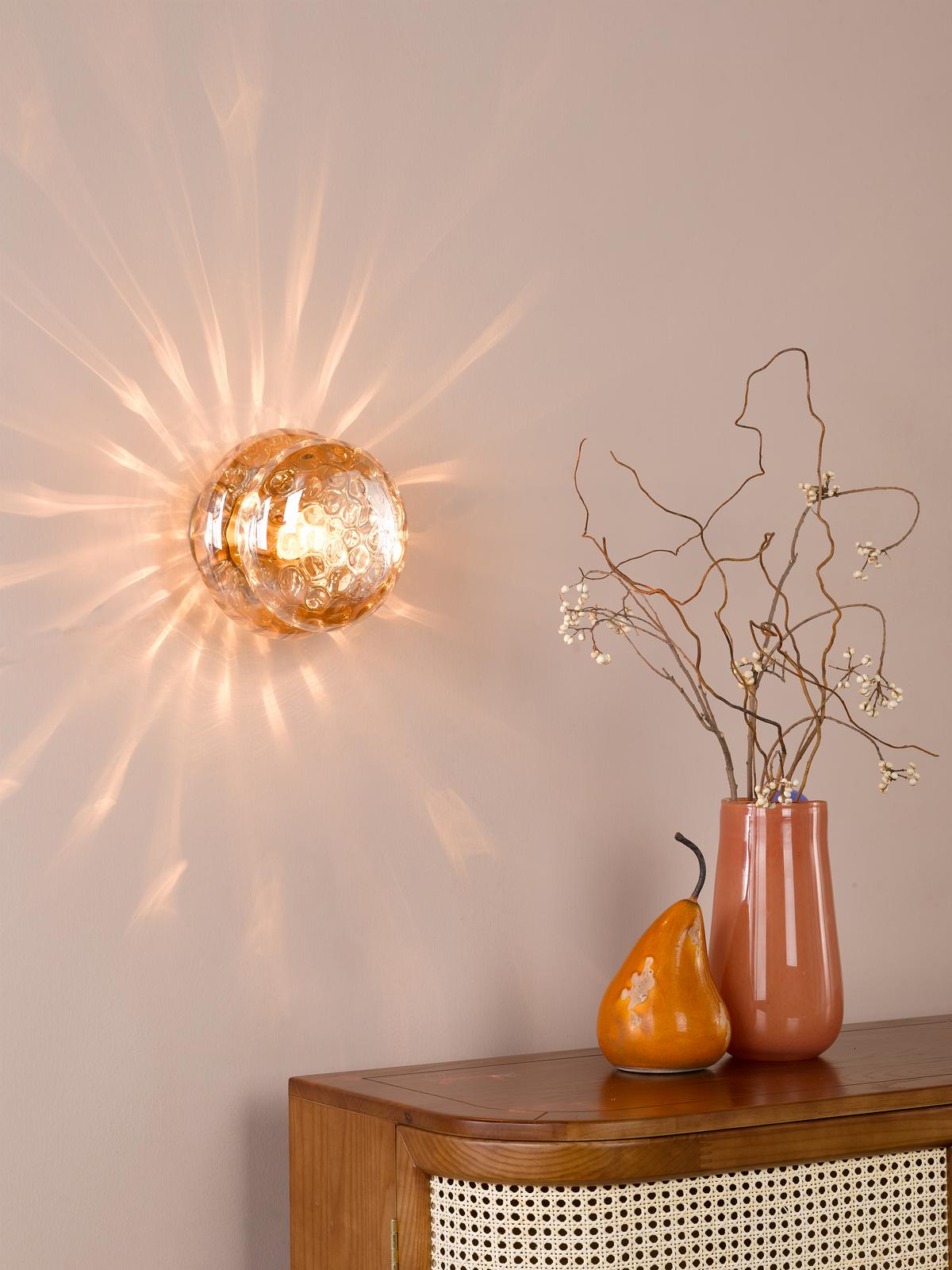 Dar Alcella Wall/Ceiling Light Natural Brass and Amber Dimple Glass