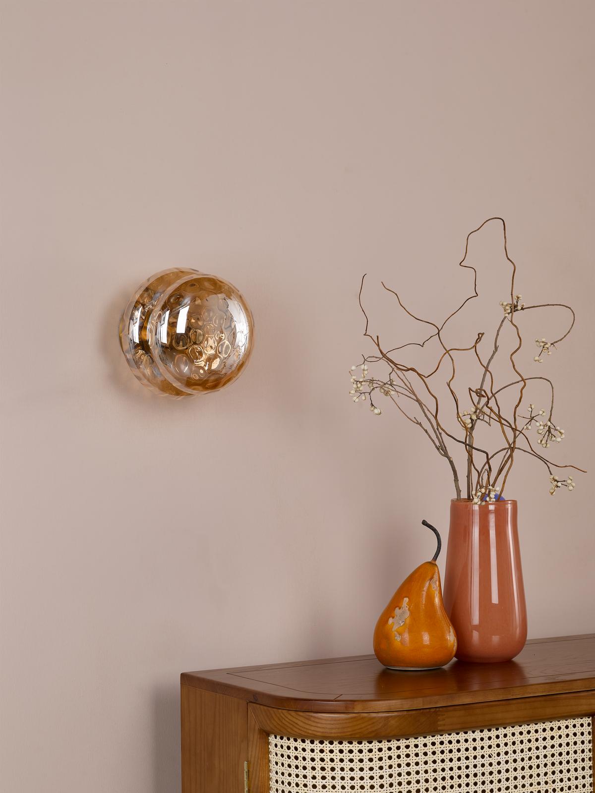 Dar Alcella Wall/Ceiling Light Natural Brass and Amber Dimple Glass