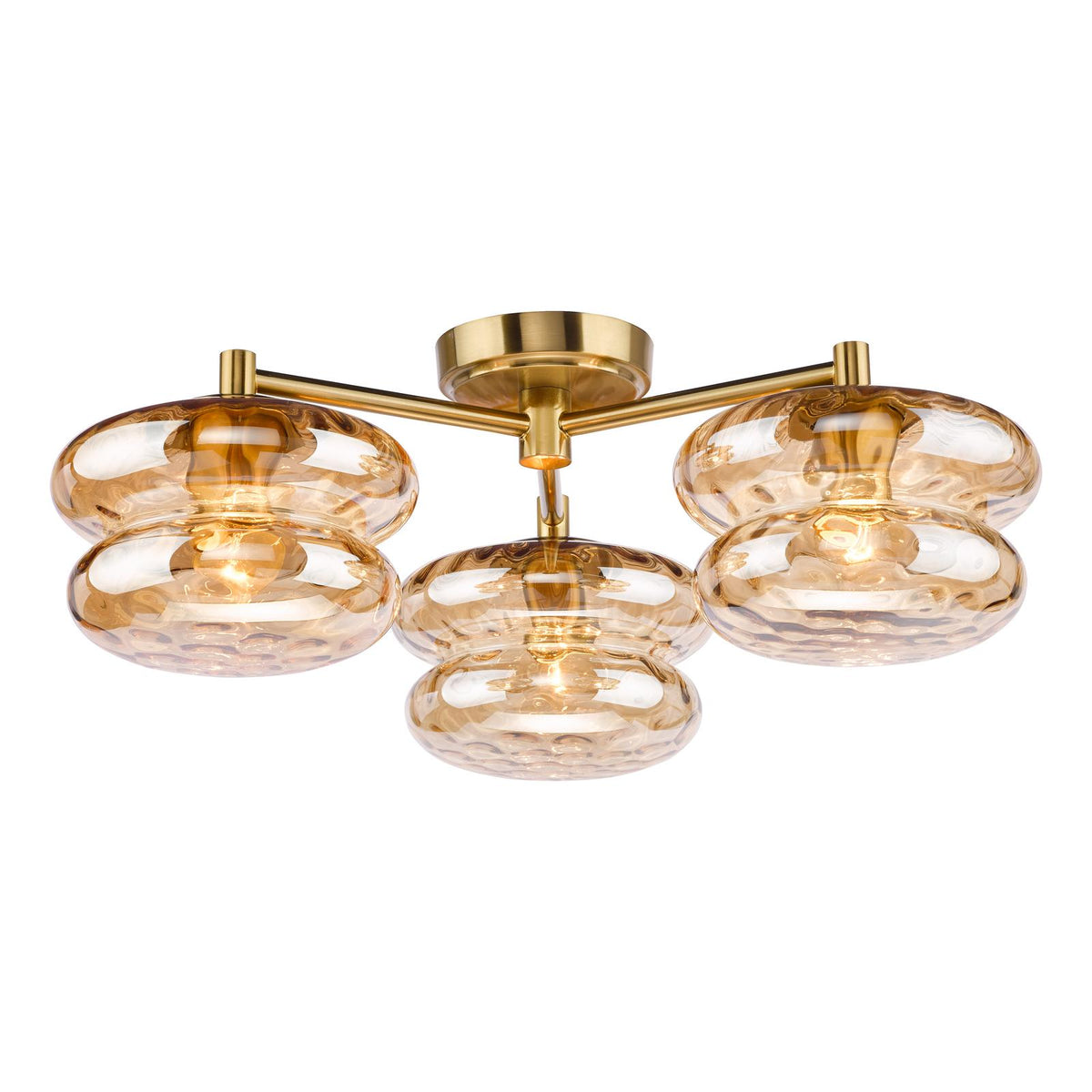 Dar Alcella 3 Light Flush Natural Brass and Amber Dimple Glass