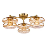 Dar Alcella 3 Light Flush Natural Brass and Amber Dimple Glass