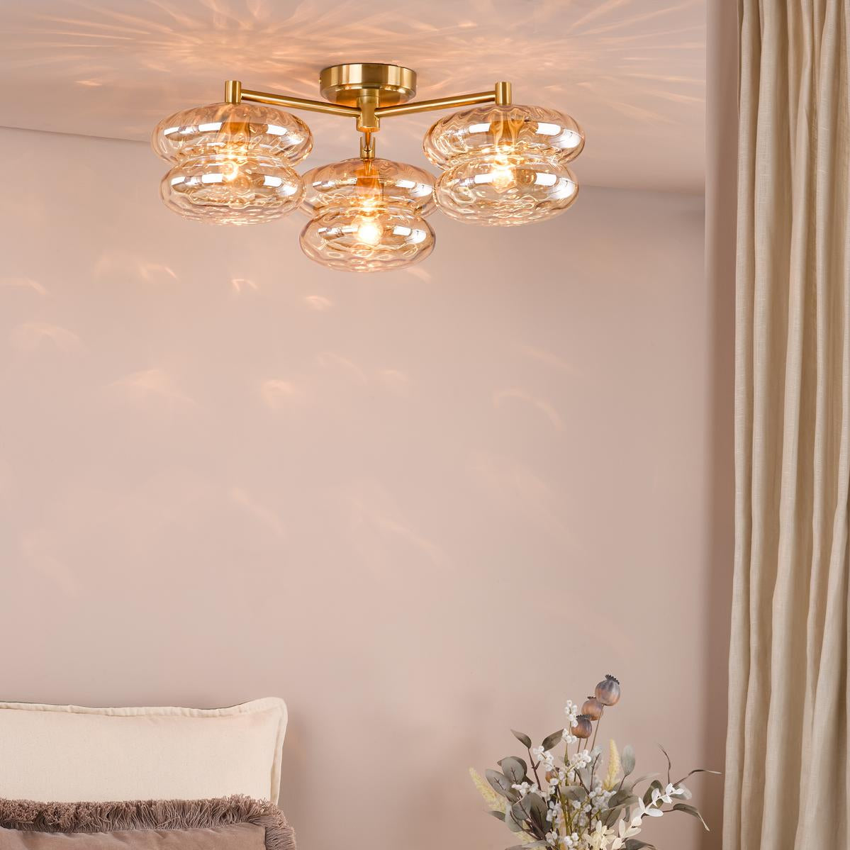 Dar Alcella 3 Light Flush Natural Brass and Amber Dimple Glass