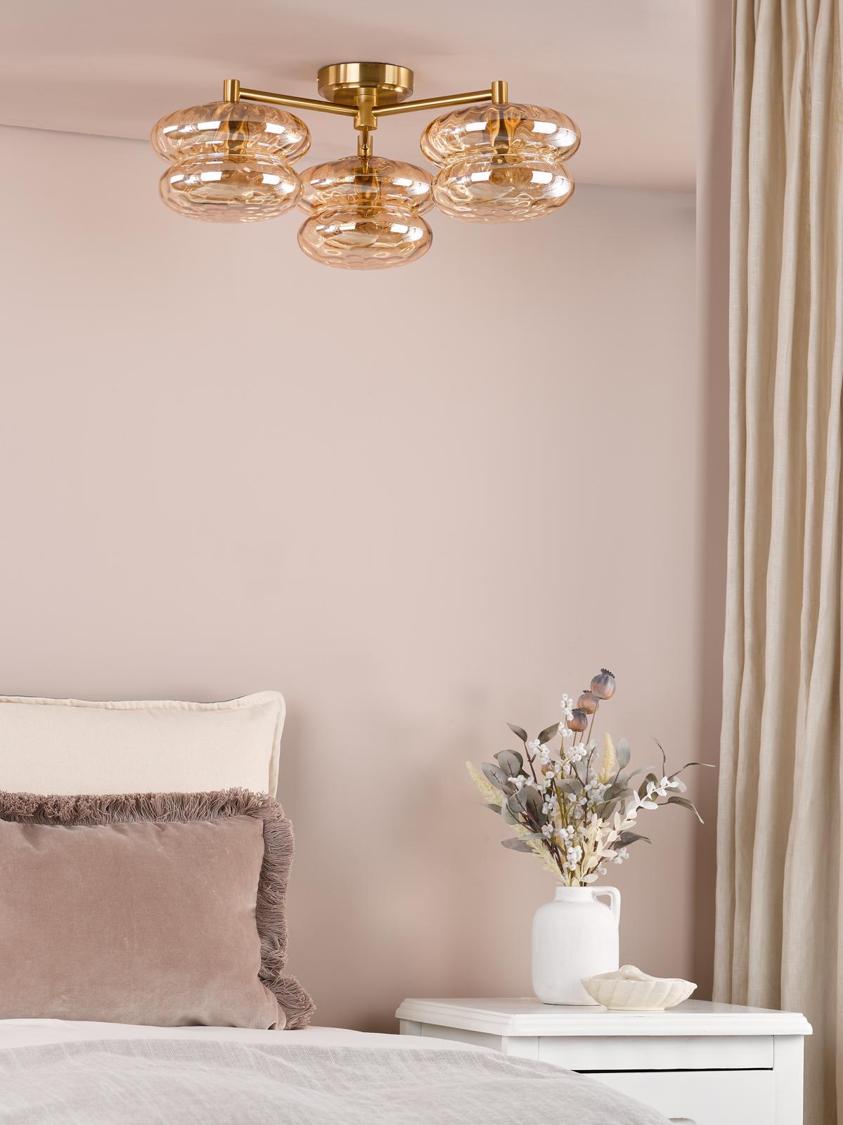 Dar Alcella 3 Light Flush Natural Brass and Amber Dimple Glass