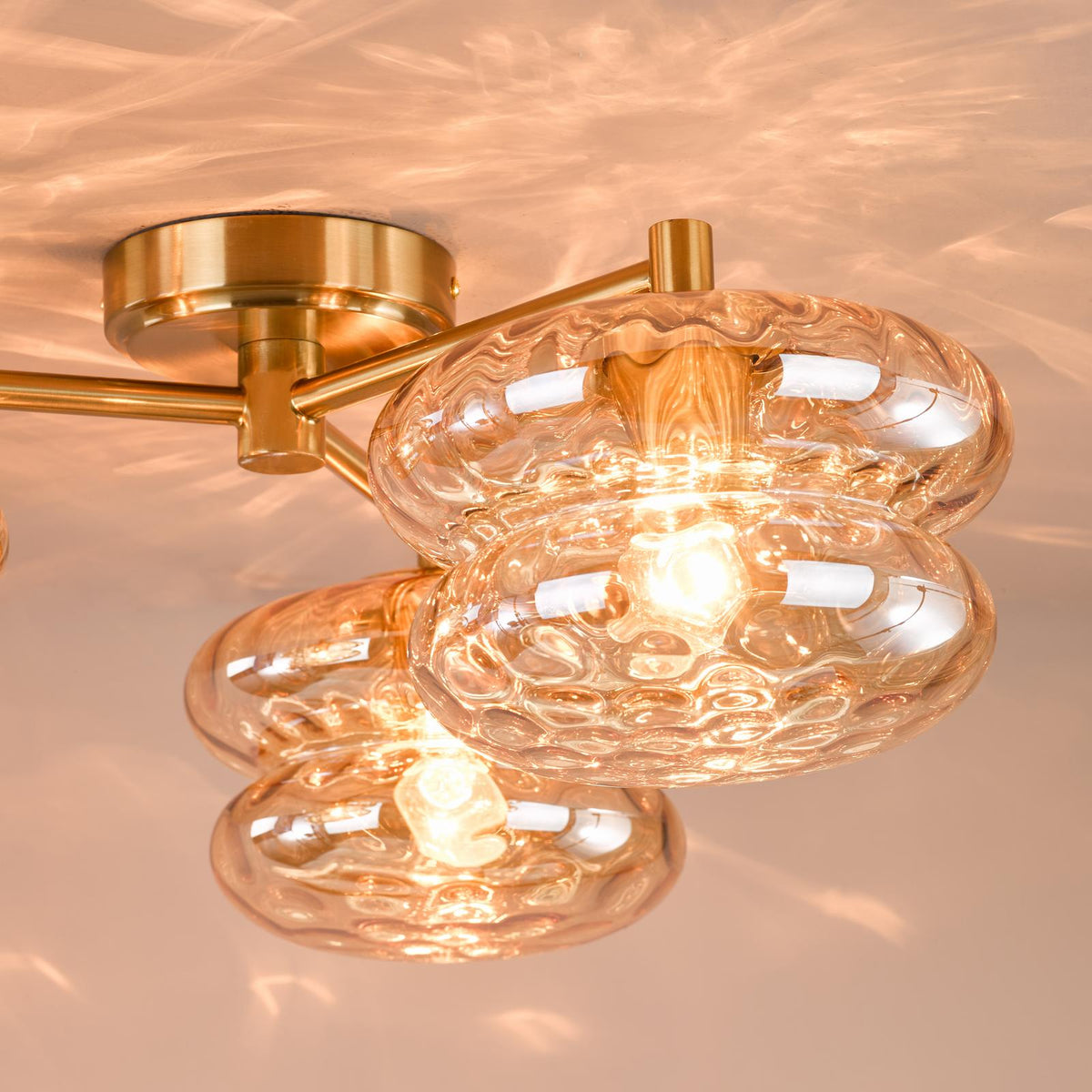 Dar Alcella 3 Light Flush Natural Brass and Amber Dimple Glass