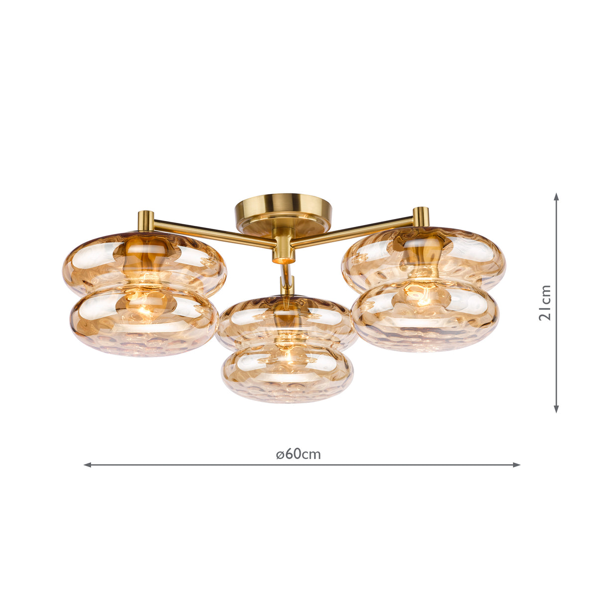 Dar Alcella 3 Light Flush Natural Brass and Amber Dimple Glass