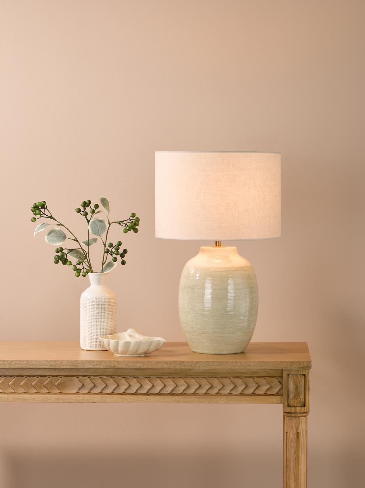 Dar Amsara Table Lamp Green Ceramic and Antique Brass With Linen Shade
