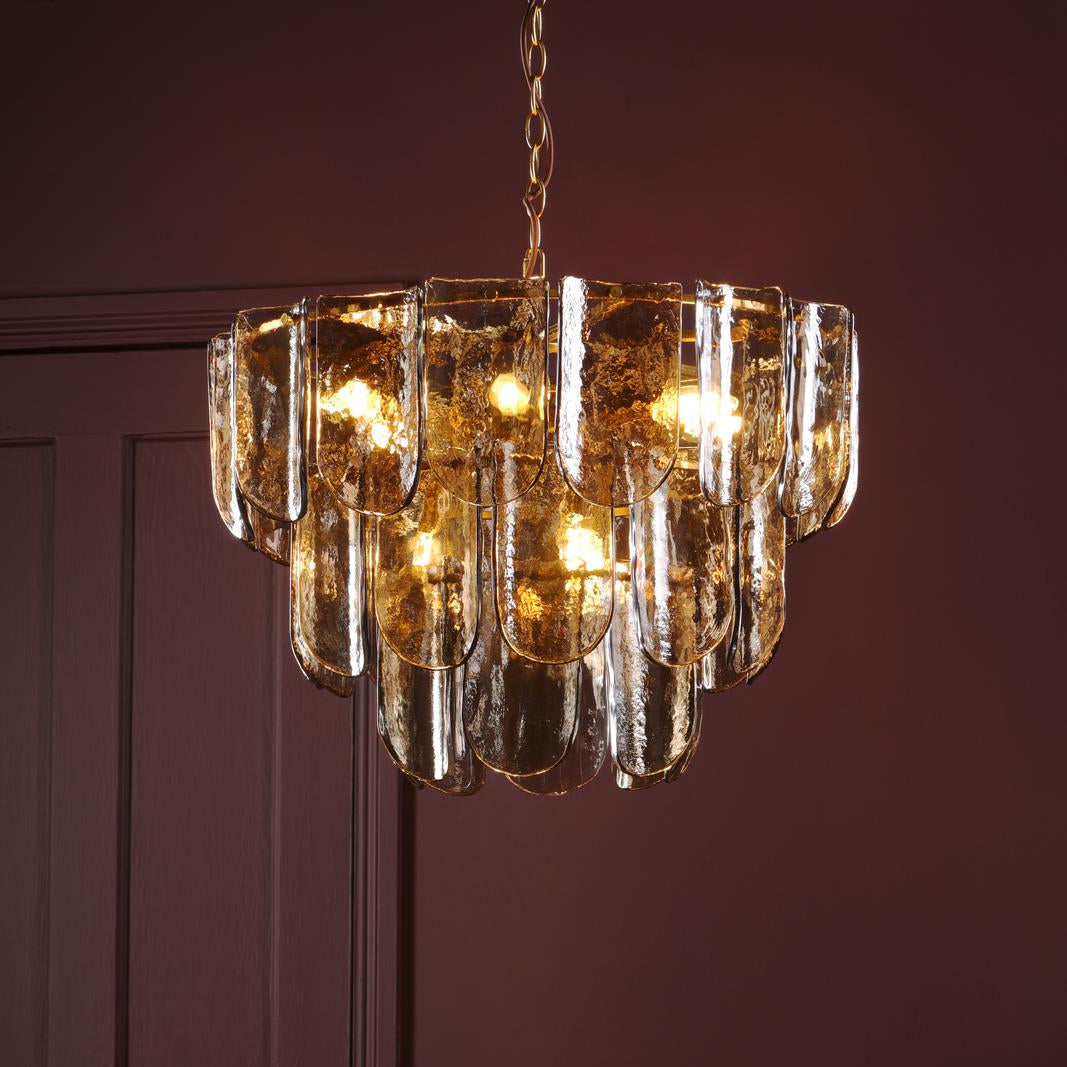 Dar Anielle 9 Light Chandelier Natural Brass and Tea Smoked Glass