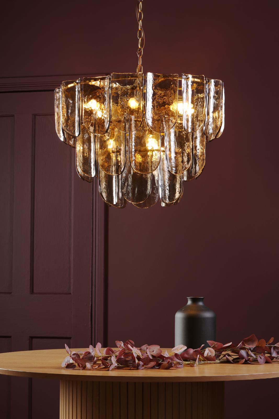 Dar Anielle 9 Light Chandelier Natural Brass and Tea Smoked Glass