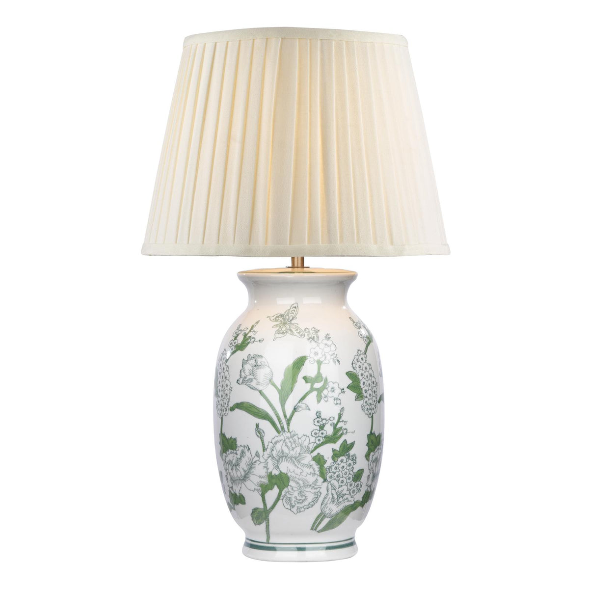 Dar Aviara Table Lamp Green Ceramic and Antique Brass With Ivory Pleated Shade