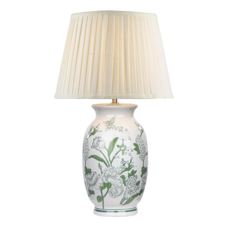 Dar Aviara Table Lamp Green Ceramic and Antique Brass With Ivory Pleated Shade