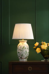 Dar Aviara Table Lamp Green Ceramic and Antique Brass With Ivory Pleated Shade