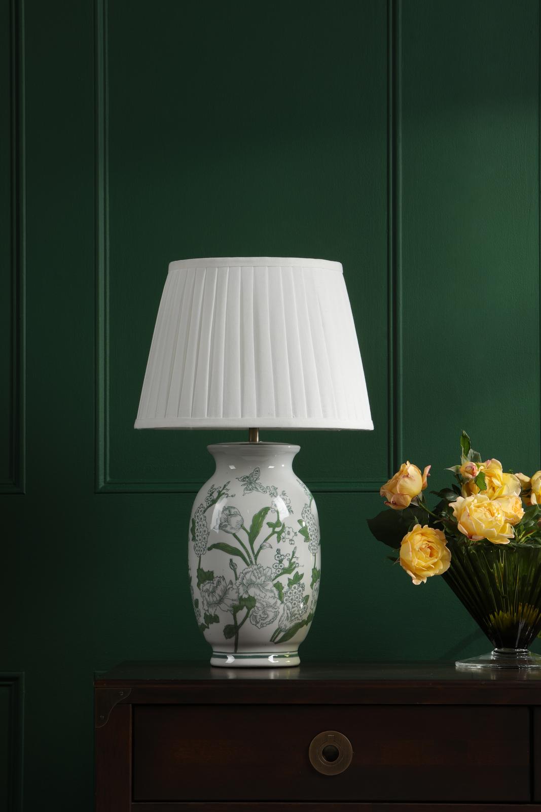 Dar Aviara Table Lamp Green Ceramic and Antique Brass With Ivory Pleated Shade