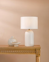 Dar Bayonne Table Lamp White Ceramic and Antique Brass With Linen Drum Shade