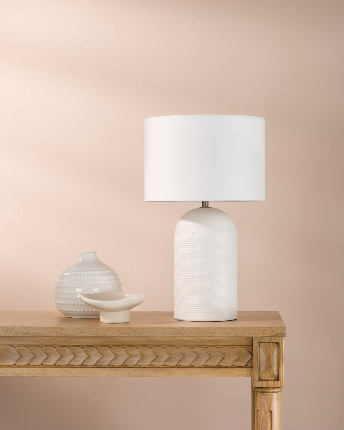 Dar Bayonne Table Lamp White Ceramic and Antique Brass With Linen Drum Shade