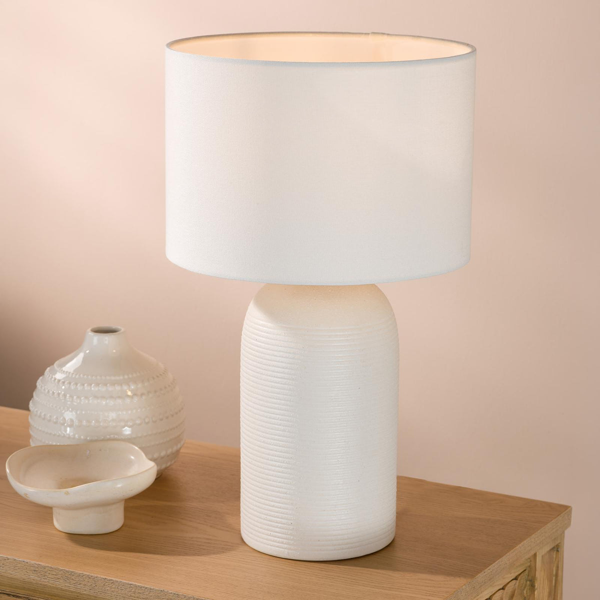 Dar Bayonne Table Lamp White Ceramic and Antique Brass With Linen Drum Shade