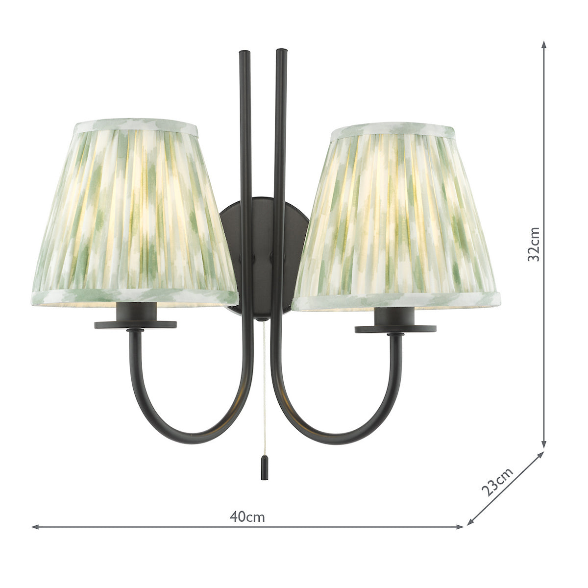 Dar Becca 2 Light Wall Light Matt Black With Green Ikat Shade