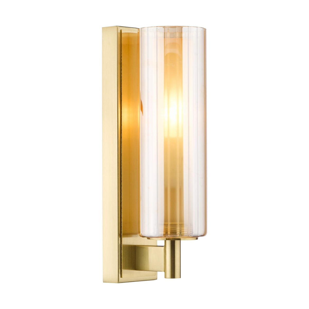Dar Bevin Bathroom Wall Light Natural Brass and Amber Ribbed Glass IP44