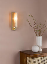 Dar Bevin Bathroom Wall Light Natural Brass and Amber Ribbed Glass IP44