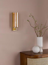 Dar Bevin Bathroom Wall Light Natural Brass and Amber Ribbed Glass IP44