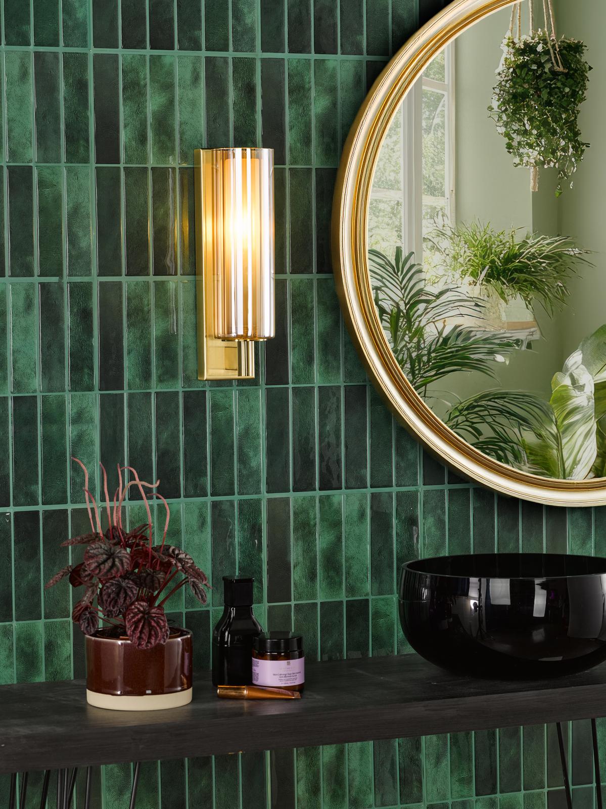 Dar Bevin Bathroom Wall Light Natural Brass and Amber Ribbed Glass IP44