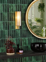 Dar Bevin Bathroom Wall Light Natural Brass and Amber Ribbed Glass IP44