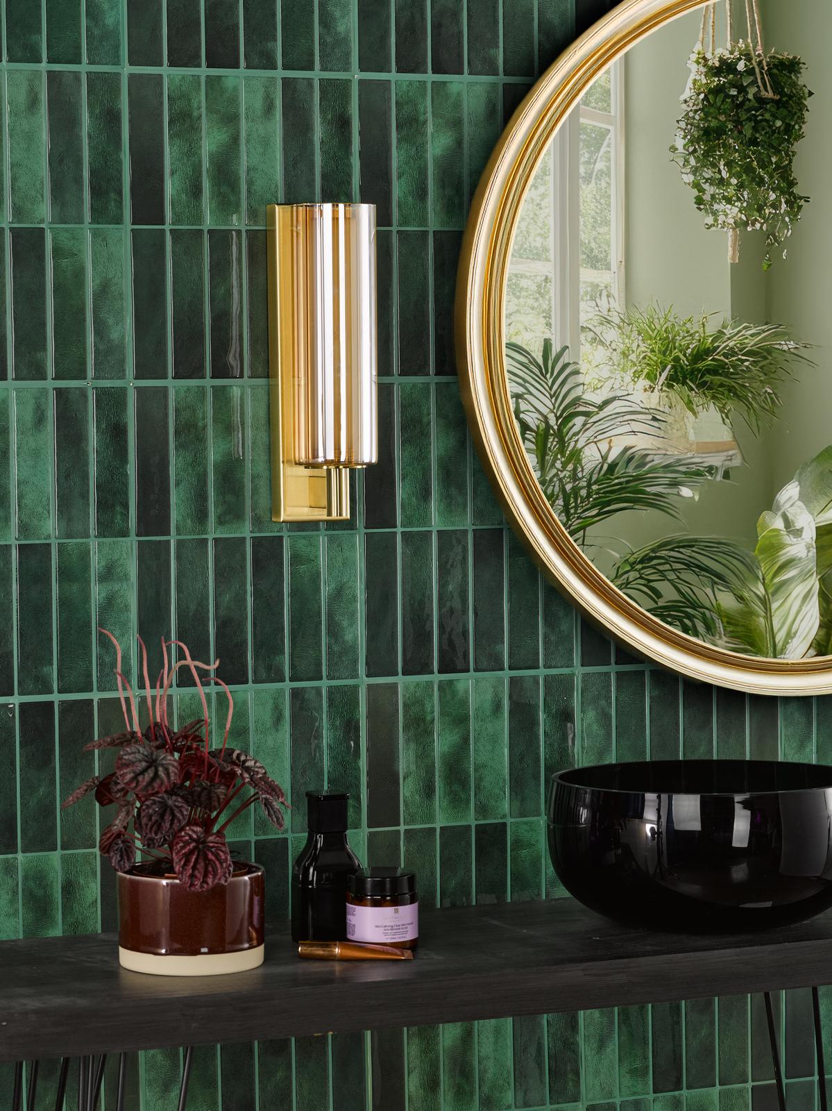 Dar Bevin Bathroom Wall Light Natural Brass and Amber Ribbed Glass IP44