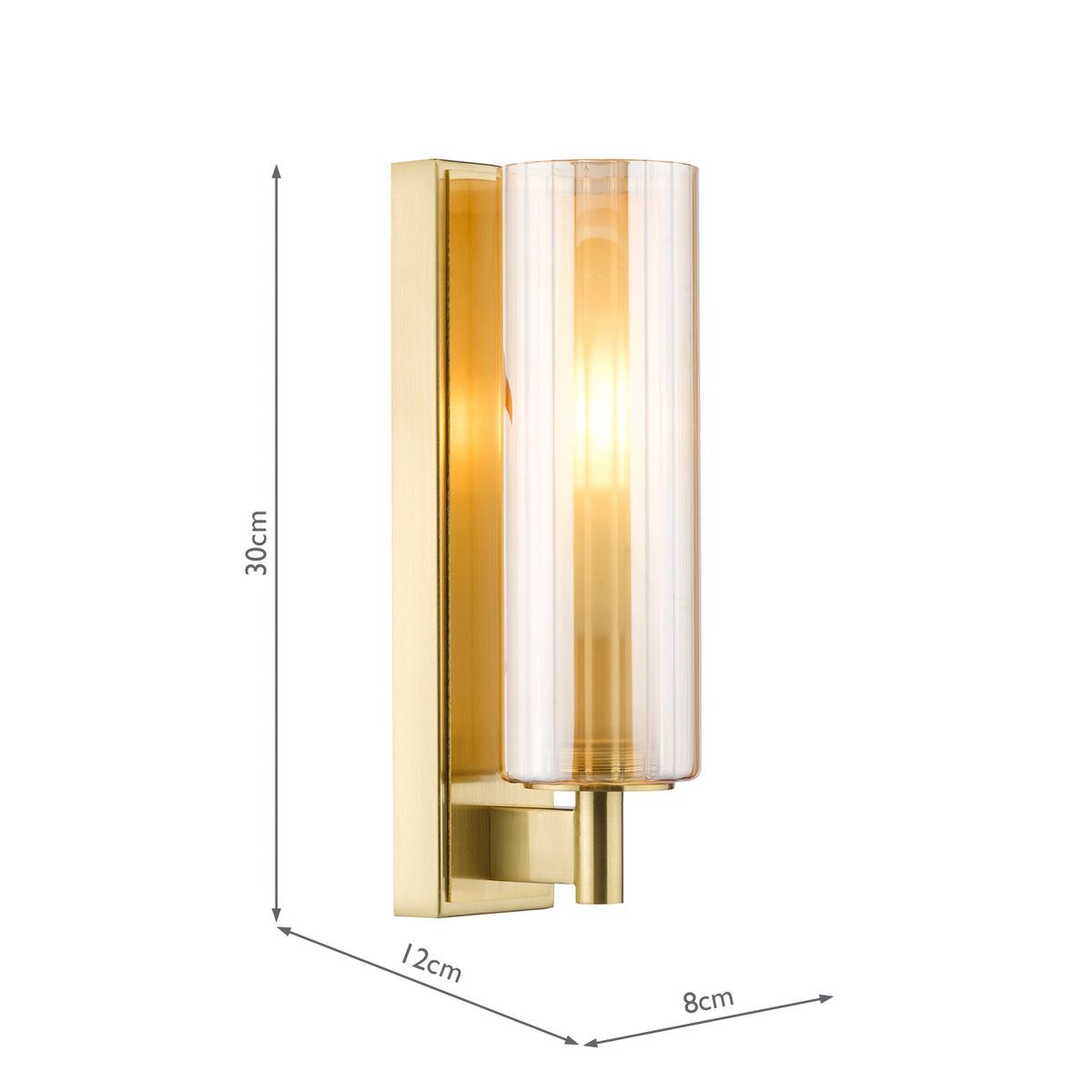 Dar Bevin Bathroom Wall Light Natural Brass and Amber Ribbed Glass IP44