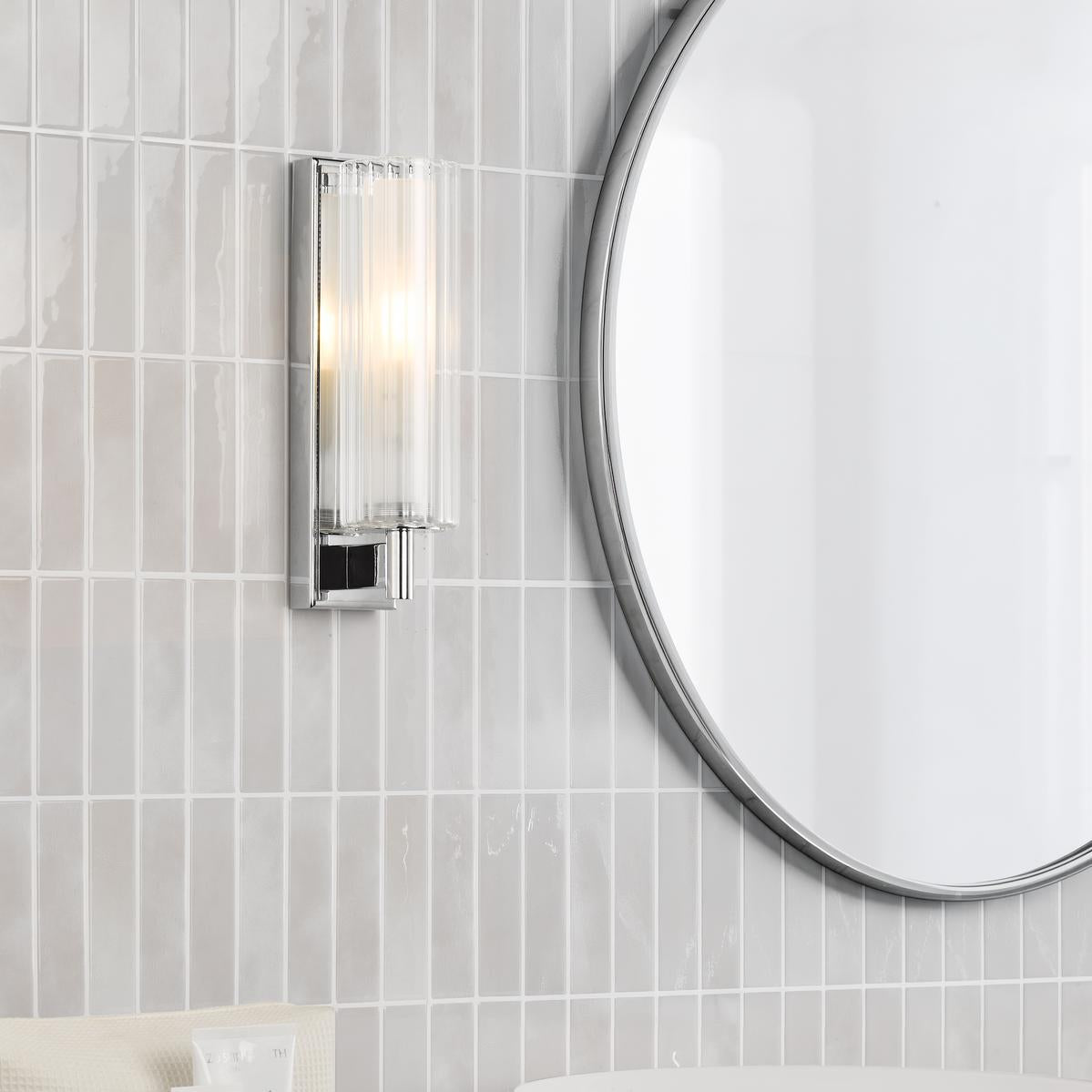 Dar Bevin Bathroom Wall Light Polished Chrome and Ribbed Glass IP44
