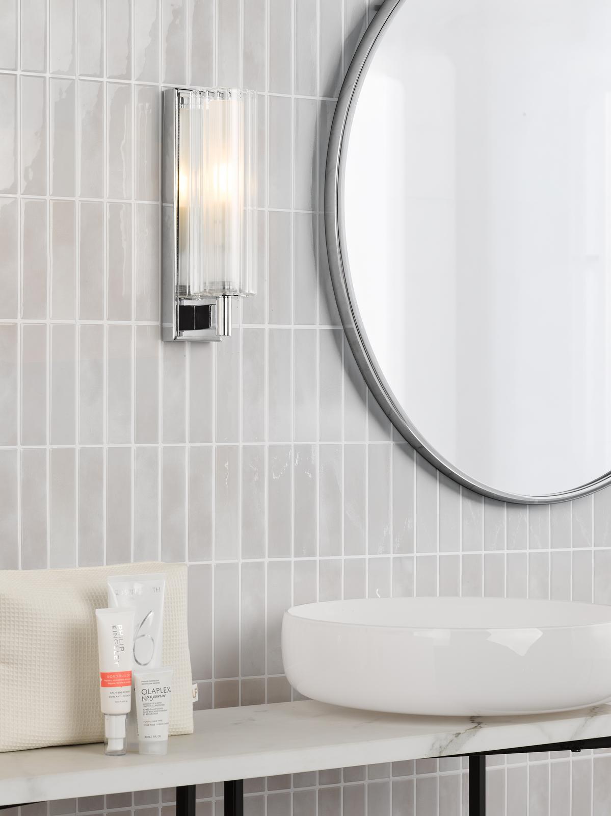 Dar Bevin Bathroom Wall Light Polished Chrome and Ribbed Glass IP44