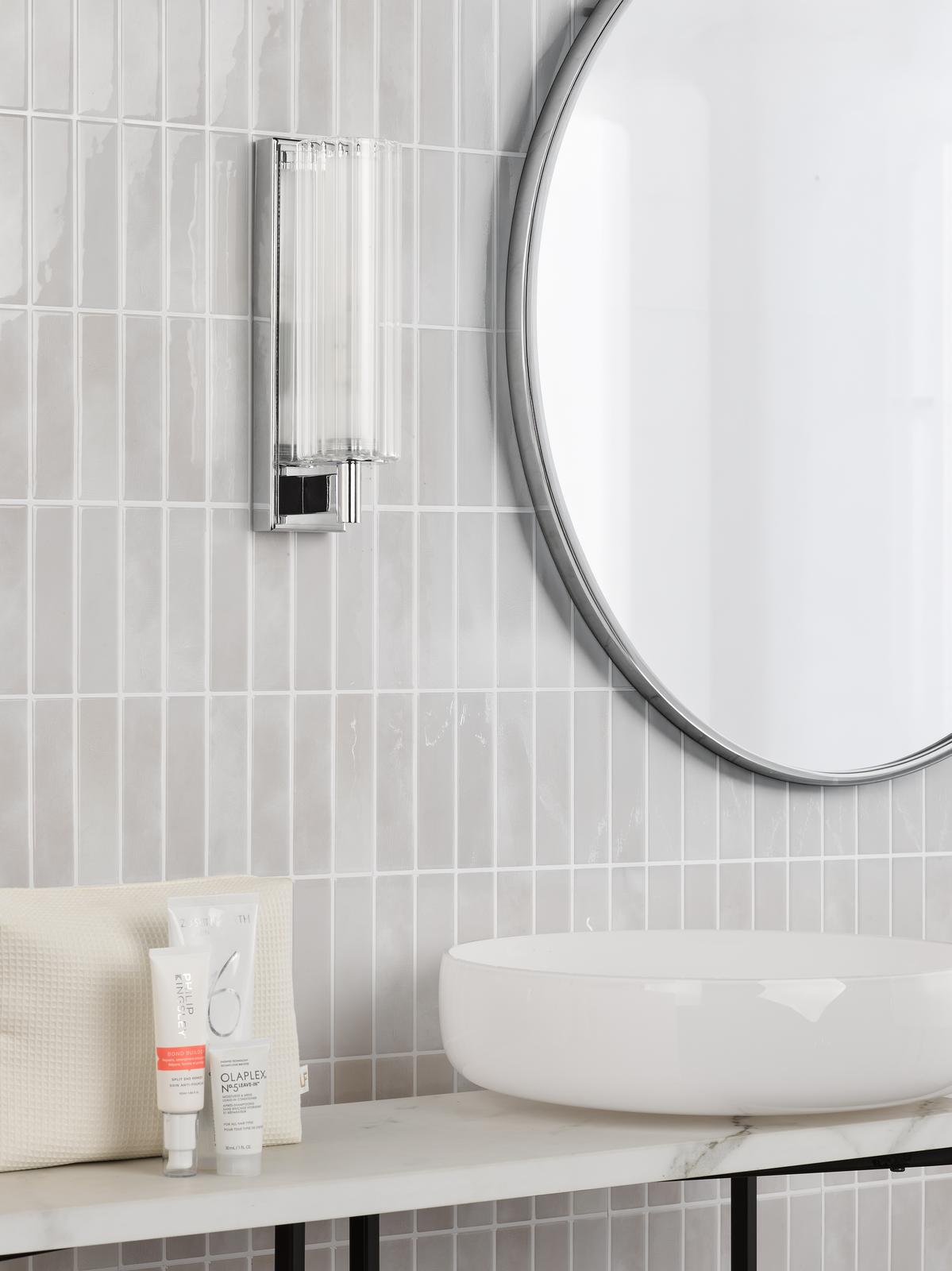 Dar Bevin Bathroom Wall Light Polished Chrome and Ribbed Glass IP44
