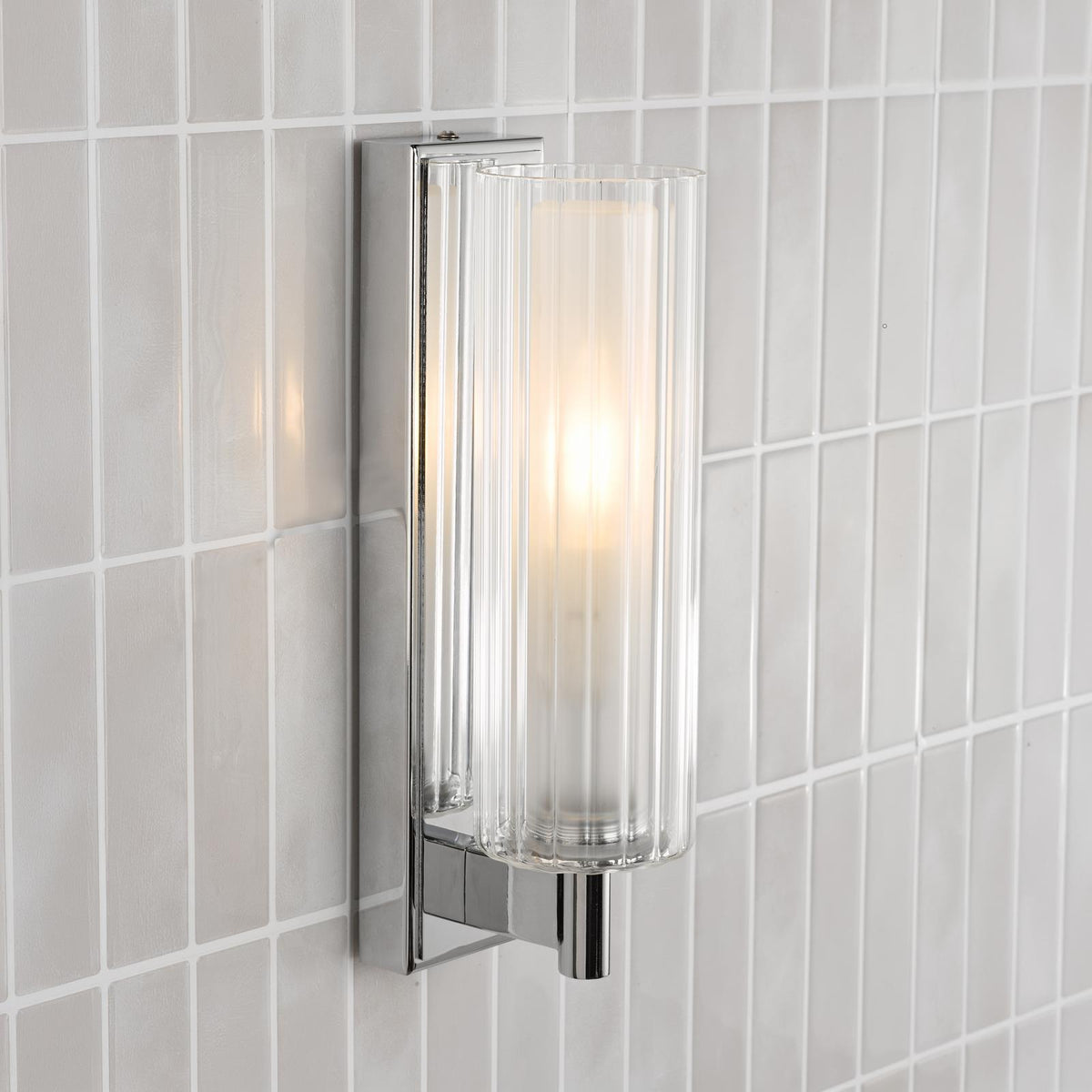 Dar Bevin Bathroom Wall Light Polished Chrome and Ribbed Glass IP44