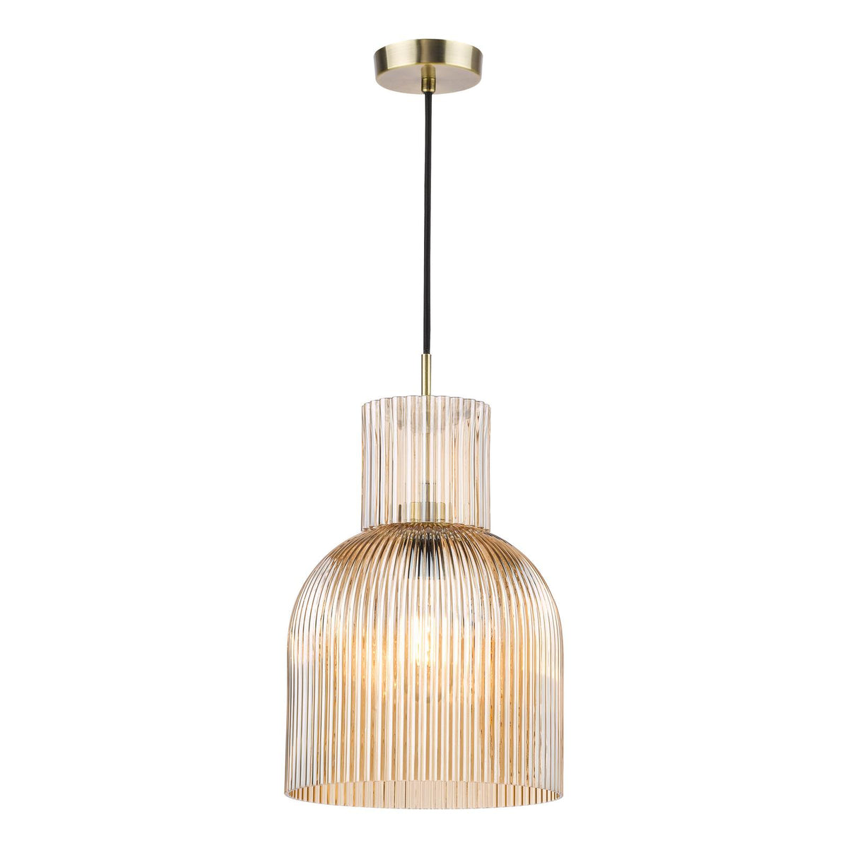 Dar Bixby Pendant Amber Ribbed Glass and Brushed Bronze