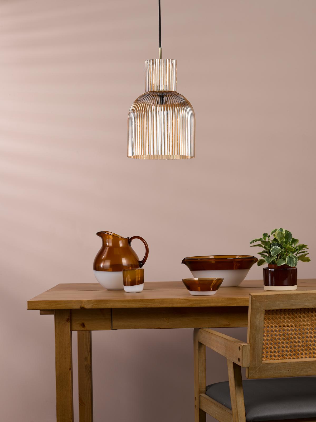 Dar Bixby Pendant Amber Ribbed Glass and Brushed Bronze