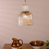 Dar Bixby Pendant Amber Ribbed Glass and Brushed Bronze