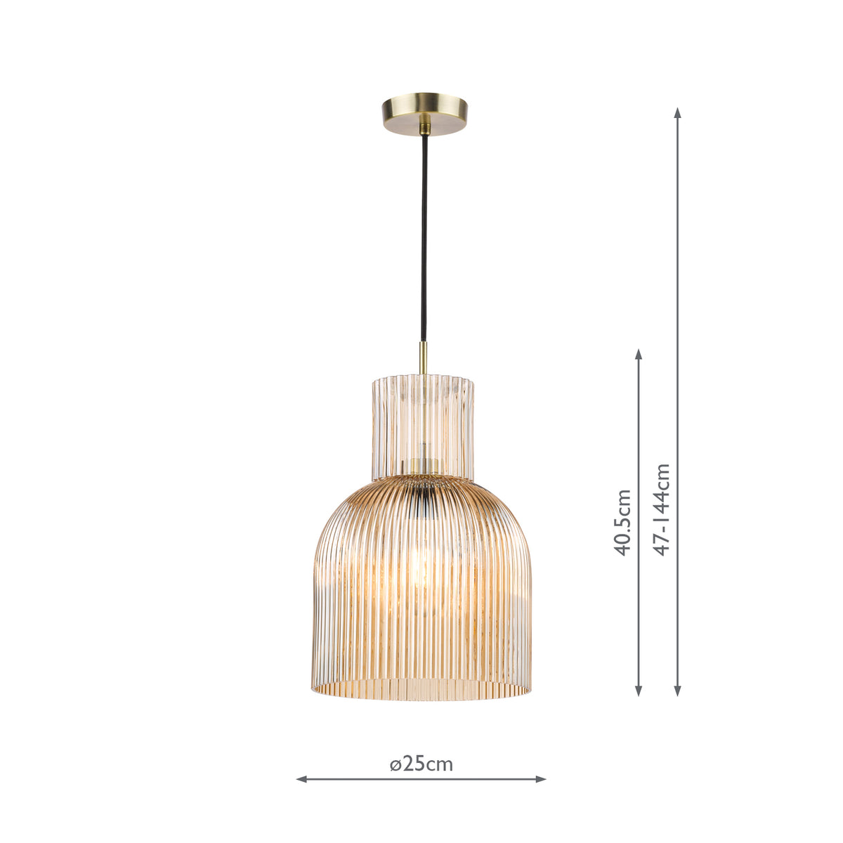 Dar Bixby Pendant Amber Ribbed Glass and Brushed Bronze