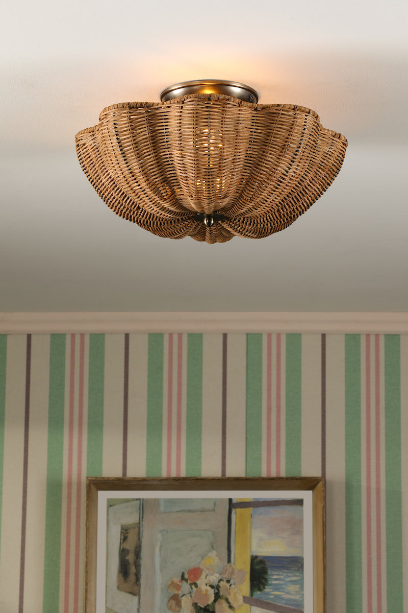 Joules Braywick 2 Light Flush Satin Bronze and Rattan Shade