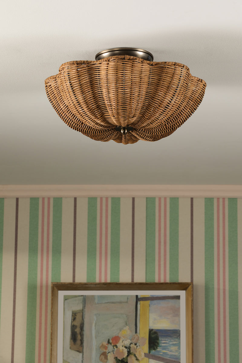 Joules Braywick 2 Light Flush Satin Bronze and Rattan Shade
