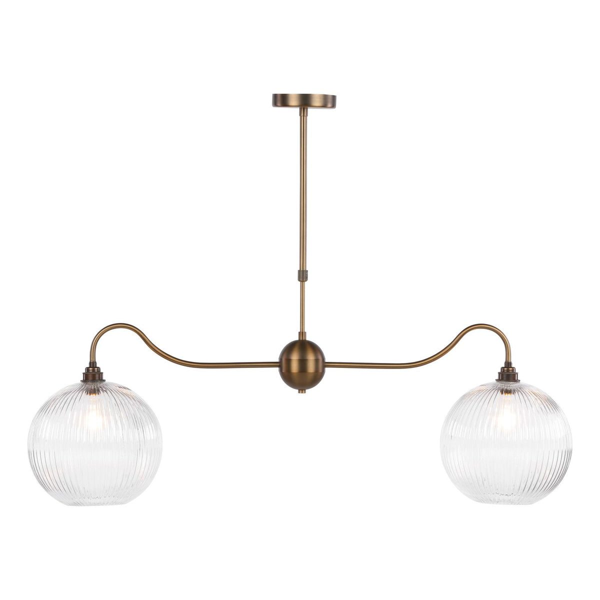 Dar Caliro 2 Light Bar Pendant Antique Bronze with Ribbed Globe Glasses