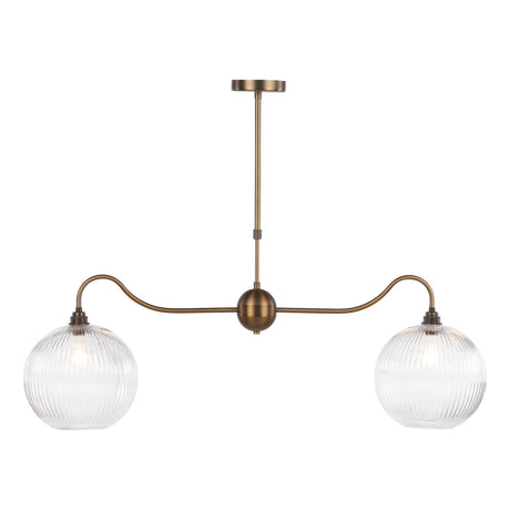 Dar Caliro 2 Light Bar Pendant Antique Bronze with Ribbed Globe Glasses