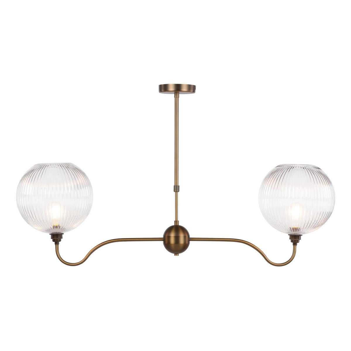 Dar Caliro 2 Light Bar Pendant Antique Bronze with Ribbed Globe Glasses