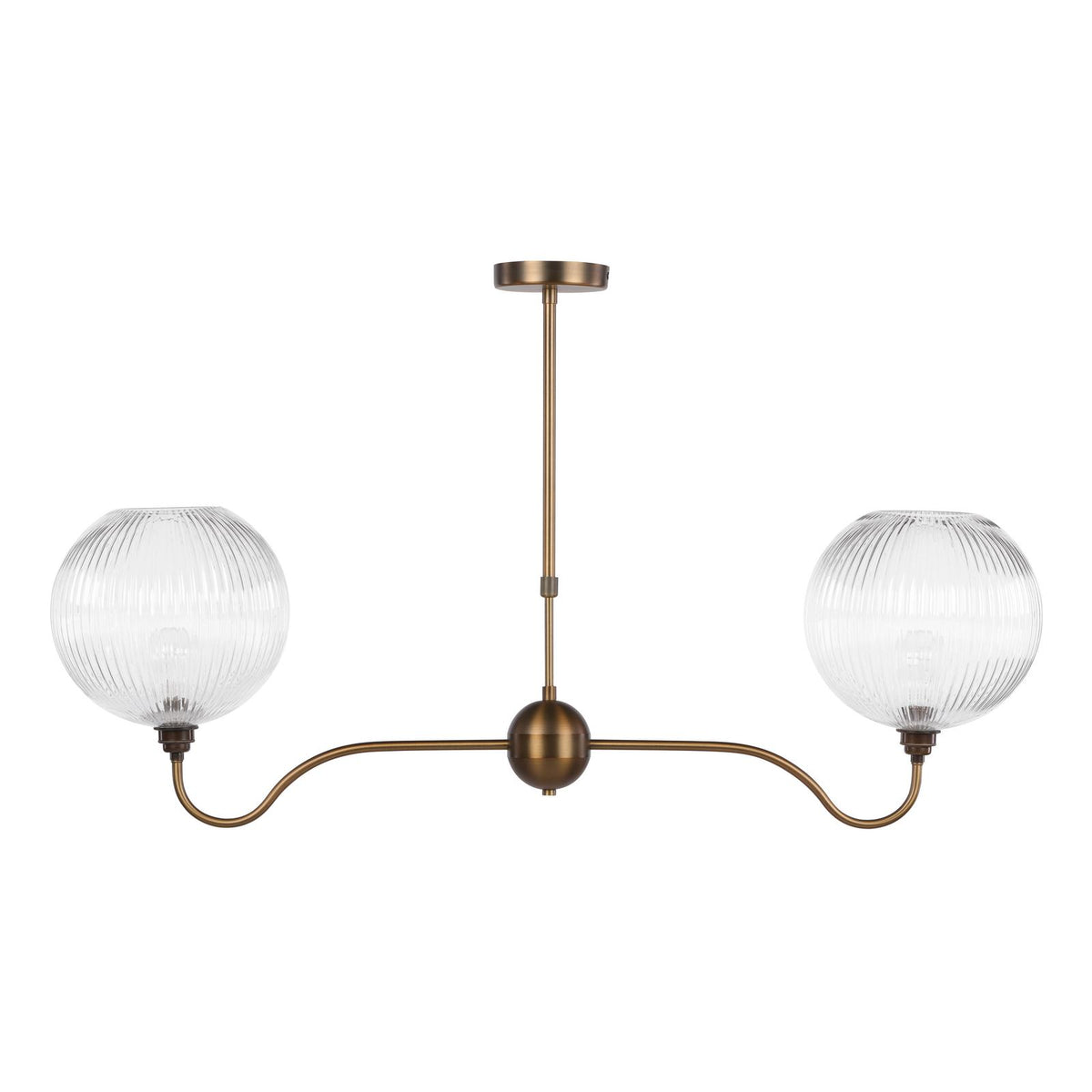 Dar Caliro 2 Light Bar Pendant Antique Bronze with Ribbed Globe Glasses