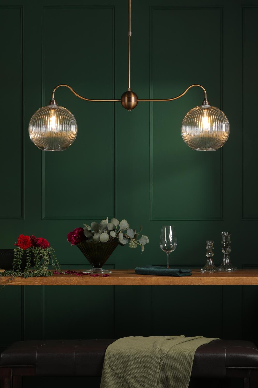 Dar Caliro 2 Light Bar Pendant Antique Bronze with Ribbed Globe Glasses