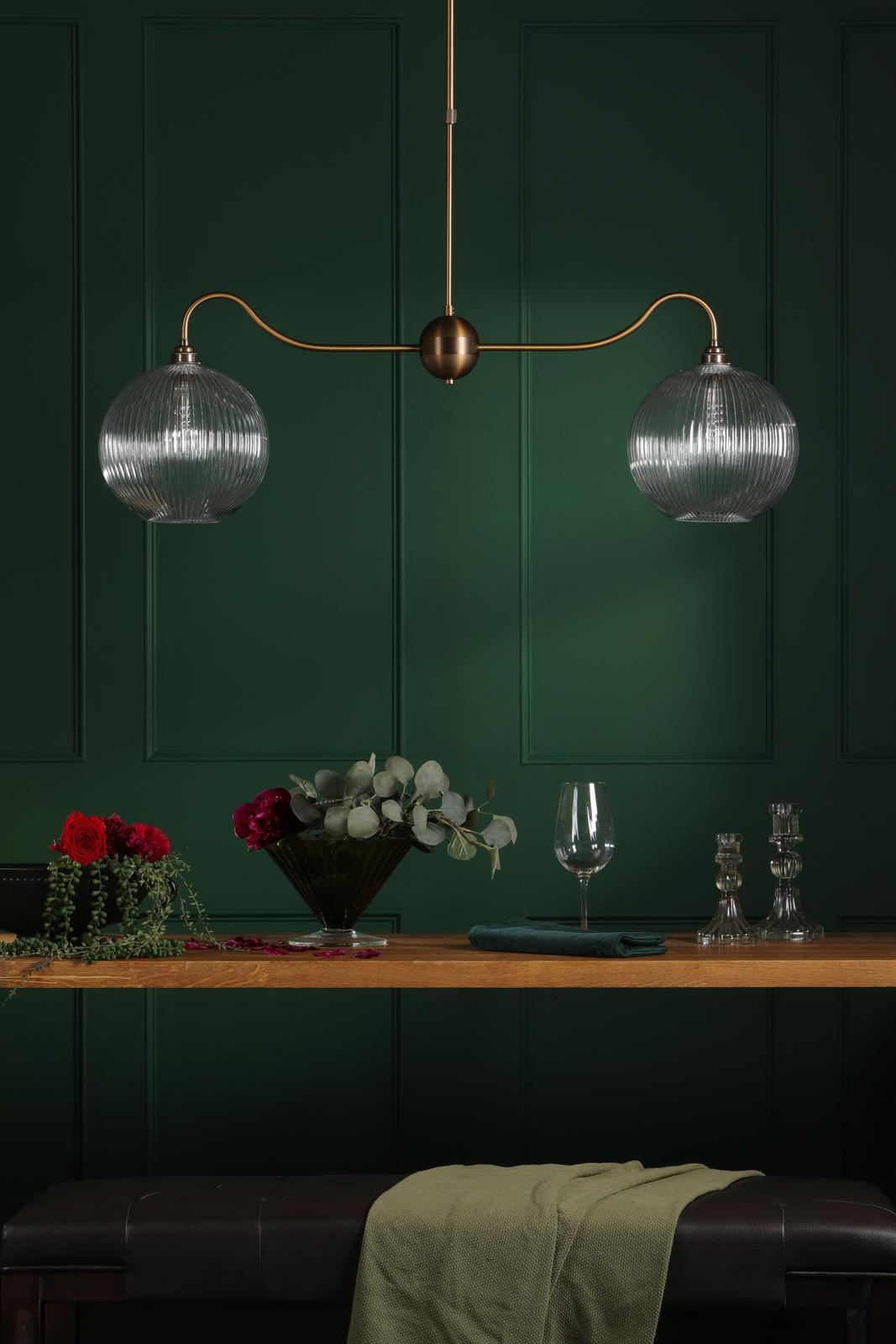 Dar Caliro 2 Light Bar Pendant Antique Bronze with Ribbed Globe Glasses