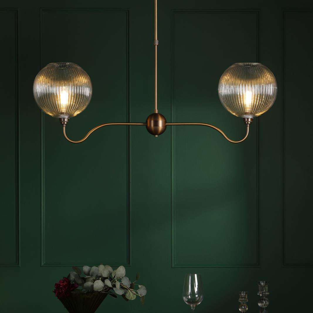 Dar Caliro 2 Light Bar Pendant Antique Bronze with Ribbed Globe Glasses
